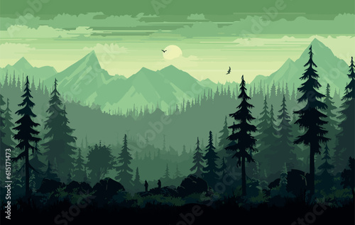 forest with mountains and trees, landscape vector illustration © vvalentine