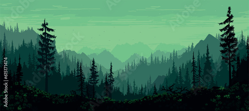 forest with mountains and trees, landscape vector illustration