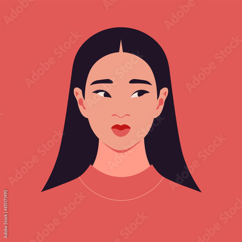 Portrait of a Shy and Confused Asian woman. Diffidence. Embarrassment. Vector flat illustration