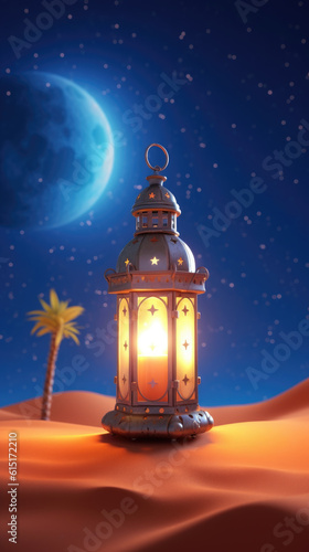 Eid Under the Moonlight, Minimalistic Stock Photo Illustration with Light Lanterns