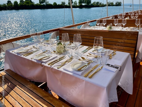 Sunset dinner on board of historic steamer on Lake of Constance, Vorarlberg, Austria.