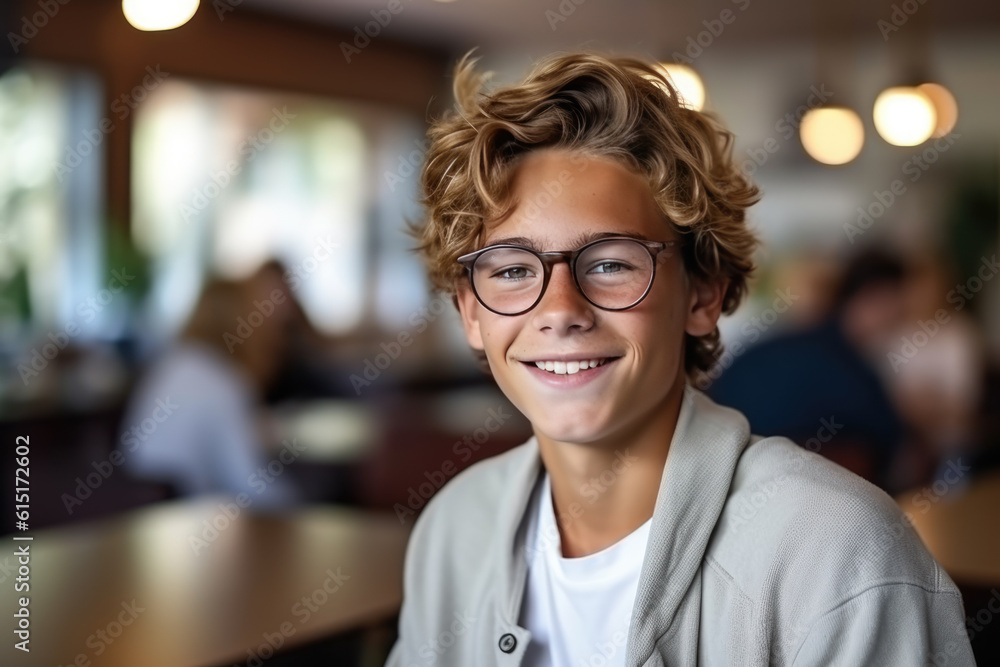 Portrait of very happy guy, smiling and looking at camera. American student smiles sincerely while sitting in college cafeteria Portrait of very happy guy, smiling and looking at camera. American student smiles sincerely while sitting in college cafeteria