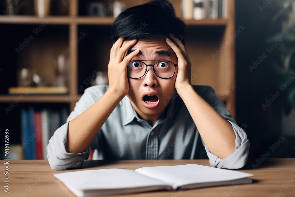 Portrait of shocked asian freshman sitting at table in classroom, grabbing clasping his head in horror and panic, looking at hard exam questions or test result, unhappy about deadline or low score Portrait of shocked asian freshman sitting at table in classroom, grabbing clasping his head in horror and panic, looking at hard exam questions or test result, unhappy about deadline or low score