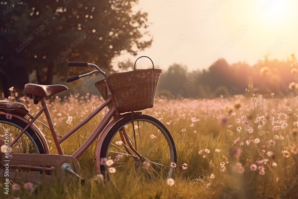 Retro bike with basket on summer meadow in warm light, ai generated