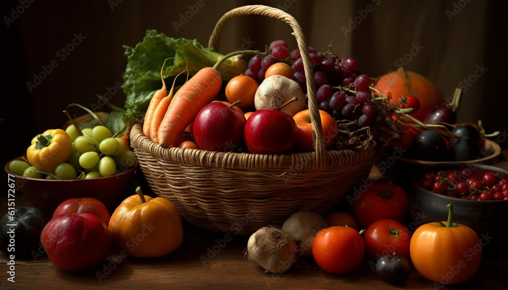 A rustic wicker basket holds an abundant autumn harvest collection generated by AI A rustic wicker basket holds an abundant autumn harvest collection generated by AI