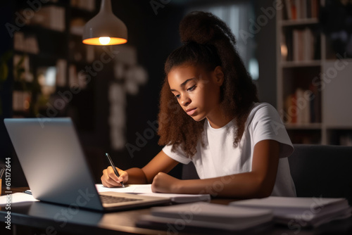 Focused African-American teenage girl writing notes and studying with laptop and books at home at night