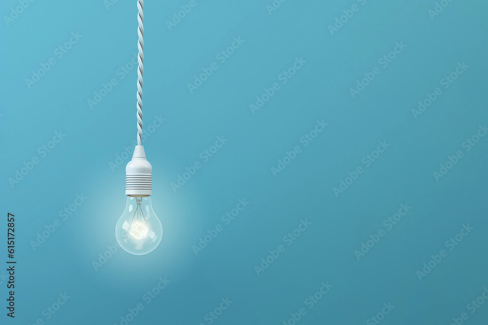 Glowing light bulb hanging on the cord isolated on blue background, ai generated Glowing light bulb hanging on the cord isolated on blue background, ai generated