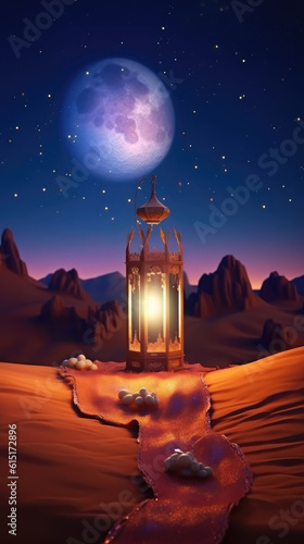 Realistics lantern Eid Greetings, Crescent Moon and Illuminated Lanterns on a Serene Background.