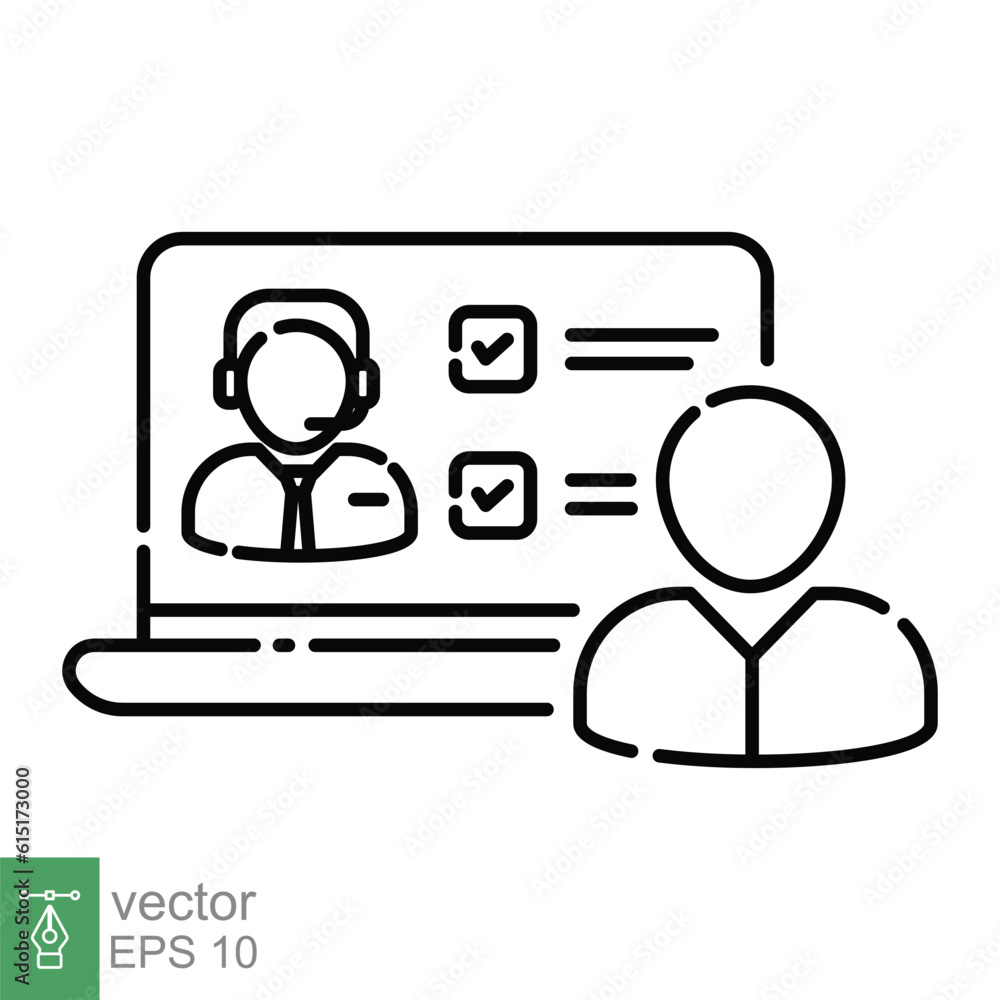 Customer service icon. Simple outline style. User with laptop computer, help desk, call center, support concept. Thin line symbol. Vector illustration isolated on white background. EPS 10. Customer service icon. Simple outline style. User with laptop computer, help desk, call center, support concept. Thin line symbol. Vector illustration isolated on white background. EPS 10.