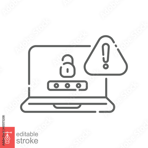 Password phishing icon. Simple outline style. Laptop hack, ransomware, fraud, scam, technology concept. Thin line symbol. Vector illustration isolated on white background. Editable stroke EPS 10.
