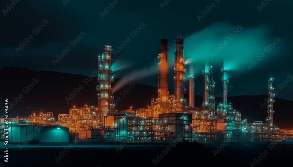 Dark refinery emits fumes, polluting environment with fossil fuel generated by AI