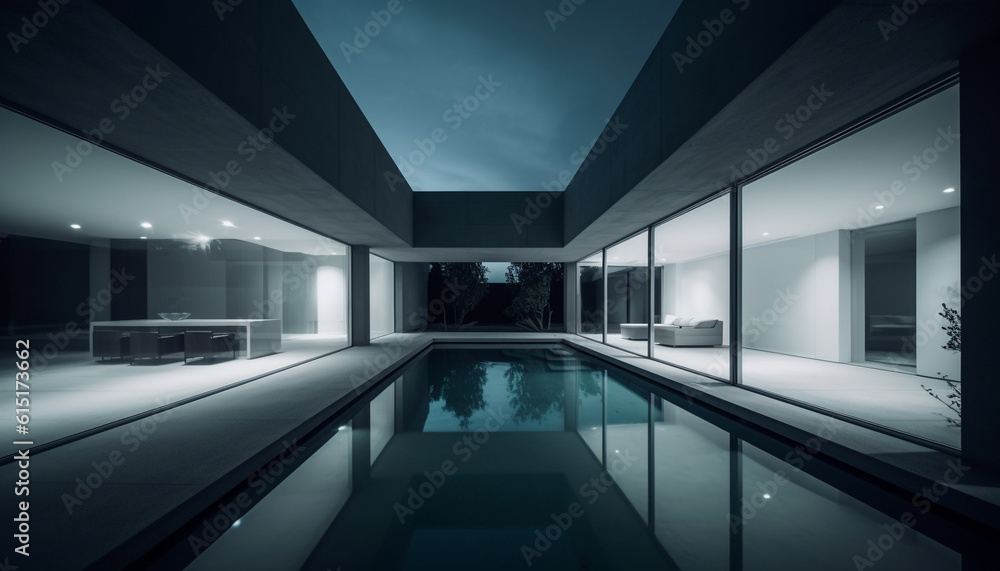 A futuristic apartment with a blue swimming pool reflection vanishing generated by AI
