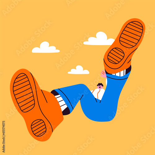 Person falling down from the sky. Bottom view, giant shoes. Flat style. Hand drawn Vector illustration. Fall down cartoon character. Bad luck, misfortune, failure concept. Isolated design element