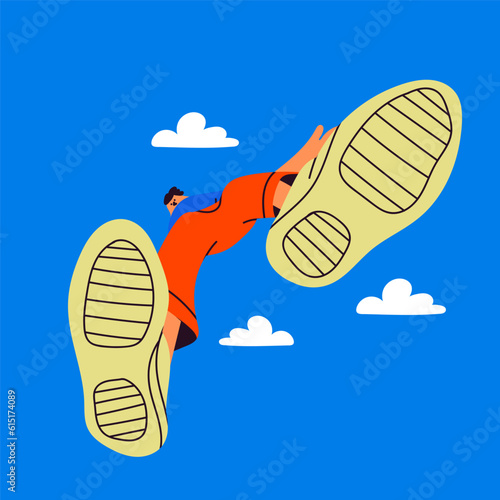 Person falling down from the sky. Bottom view, giant shoes. Flat style. Hand drawn Vector illustration. Fall down cartoon character. Bad luck, misfortune, failure concept. Isolated design element
