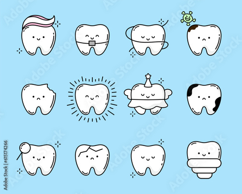 Cartoon tooth mascot. Cute teeth with different emotions set for label design. Happy smiling teeth treatment characters. Dental mascots vector illustration set. Toothache cleaning floss, toothbrush