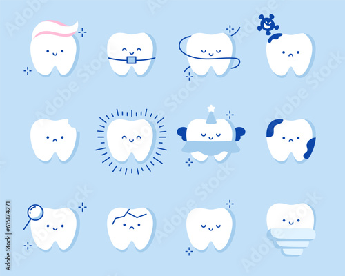 Teeth set. Big dental collection for your design. Many various vector cartoons - sad, happy, hipster tooth, etc. Illustrations for children dentistry about toothache and treatment. Doodle style