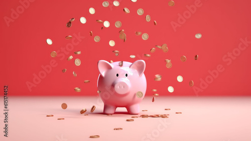 A pink piggy bank overflowing with gold coins photo