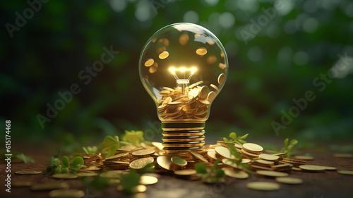 A golden idea: a light bulb filled with gold coins on a table photo