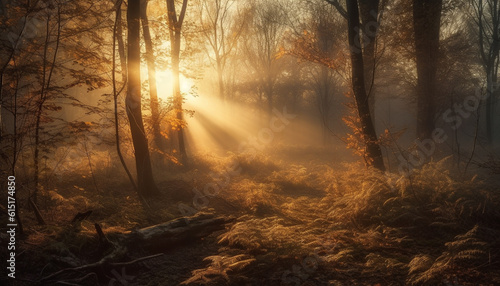 The autumn forest glows with vibrant orange  a fiery mystery generated by AI