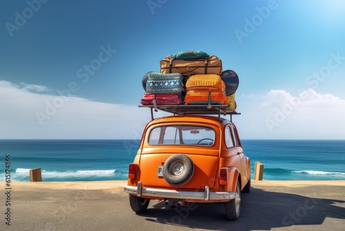 Small retro car with baggage, luggage and beach equipment on the roof