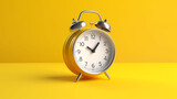 A bright yellow alarm clock on a solid yellow background