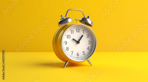 A bright yellow alarm clock on a solid yellow background