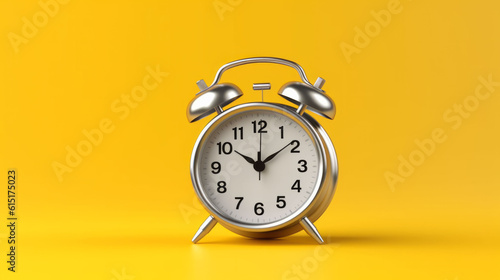 A silver alarm clock on a bright yellow background