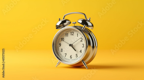 A silver alarm clock on a yellow table
