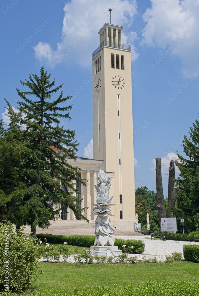 Debrecen, Hungary - Jun 18, 2023: A walking in the center of Debrecen city in northeastern Hungary in a sunny spring day. University. Selective focus.