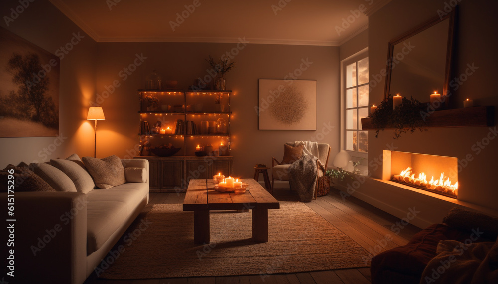 A cozy, modern living room illuminated by candlelight and fire generated by AI