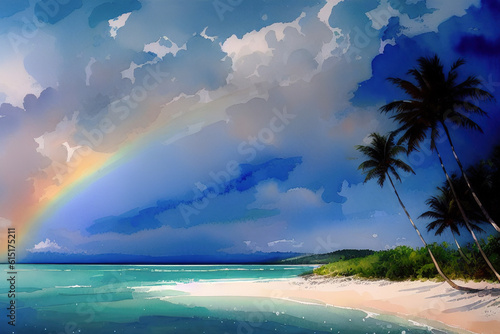 Tropical island illustration with rainbow and palm trees, Generative AI.