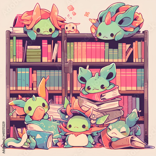 cute monster and bookshelf