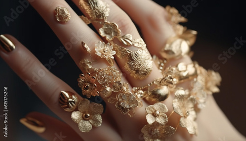A woman elegance shines through her ornate gold jewelry generated by AI