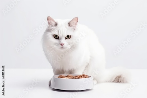 A cat on a white background eats food from a bowl 