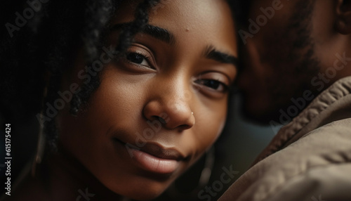 African American couple embraces outdoors, radiating love and happiness generated by AI © Stockgiu