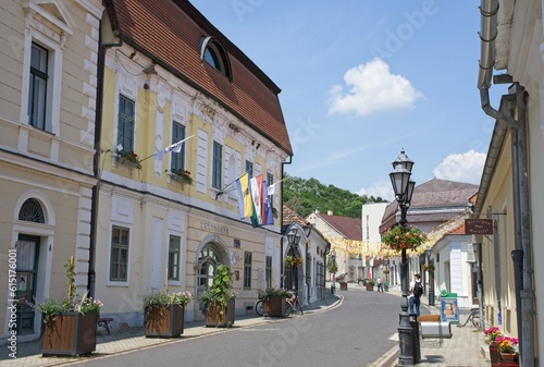 Cuadro en lienzo Tokaj, Hungary - Jun 20, 2023: A walking in the center of Tokaj city in northeastern Hungary in a sunny spring day