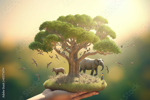 tree in hands  A Tapestry of Life  Close-Up of a Small Tree Growing in a Handful of Earth  Embracing Real African Animals Held in Hands  Amidst a Summer s Sunny Green Garden Ambiance