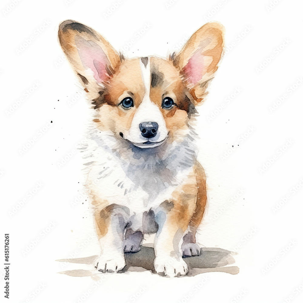 Welsh corgi puppy. Stylized watercolour digital illustration of a cute dog with big eyes. AI