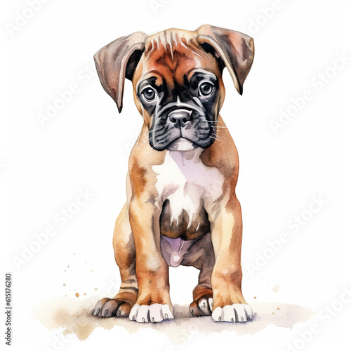 Boxer puppy. Stylized watercolour digital illustration of a cute dog with big eyes. AI