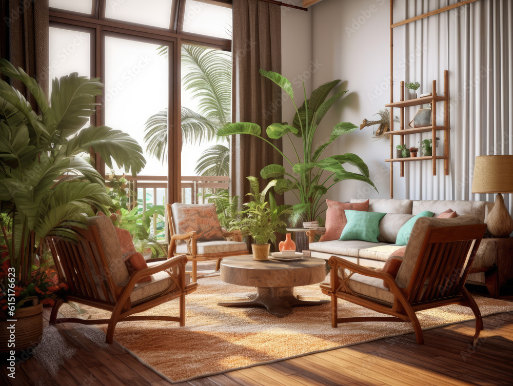 room interior with nature view, room modern tropical style with composition - minimal design.