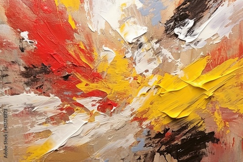 abstract painting  the artist applied bold strokes of red and black white yellow  creating a textured surface that evokes a sense of energy and movement.