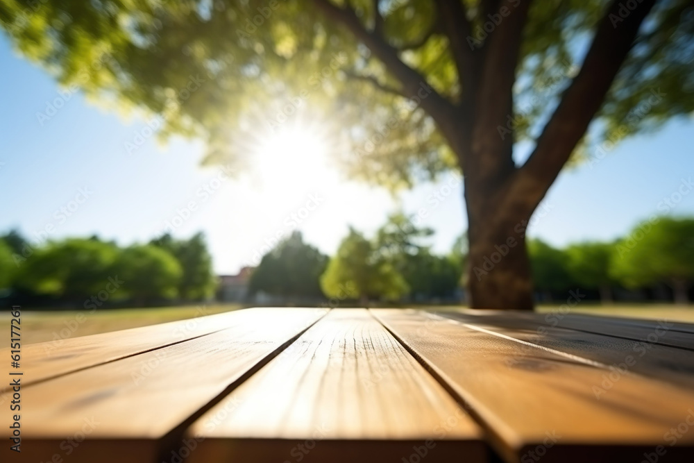 Nature's Canvas: Close-Up of an Empty Wooden Table, Bathed in Sunlight and Embraced by the Tranquil Ambiance of a Green Meadow and Unsharp Blue Sky Nature's Canvas: Close-Up of an Empty Wooden Table, Bathed in Sunlight and Embraced by the Tranquil Ambiance of a Green Meadow and Unsharp Blue Sky