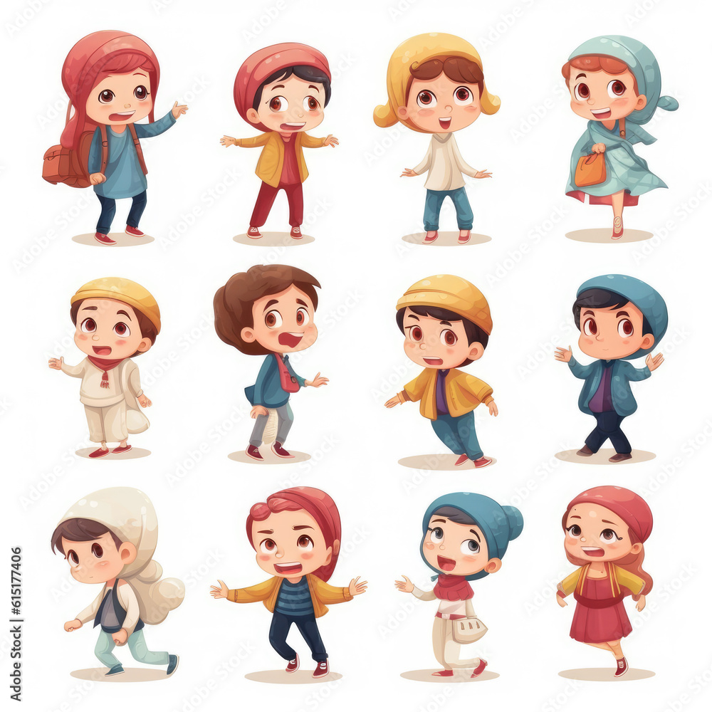 set of different multipose muslim kids illustration isolated on white background, hand draw style. set of different multipose muslim kids illustration isolated on white background, hand draw style.