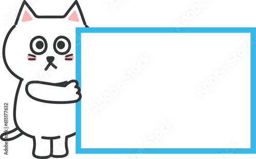 Information board with a cartoon white cat and copy space, vector illustration.