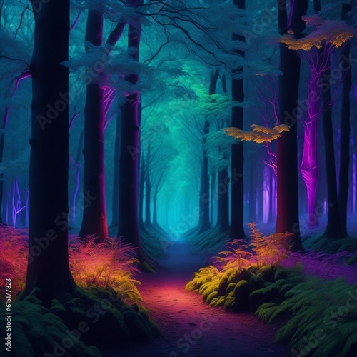 A Fantasy of neon forest glowing colorful like fairytale Generative AI