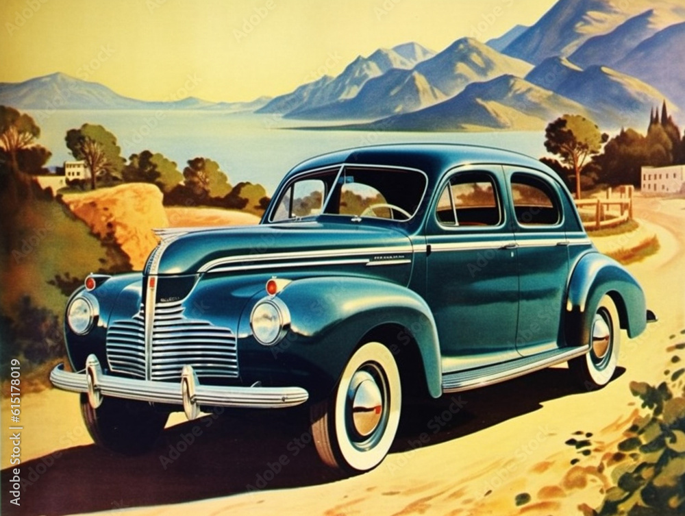 Image of a classic 1940 Plymouth car in a setting out for an advertisement. Brightly colored just like the color in its heyday.