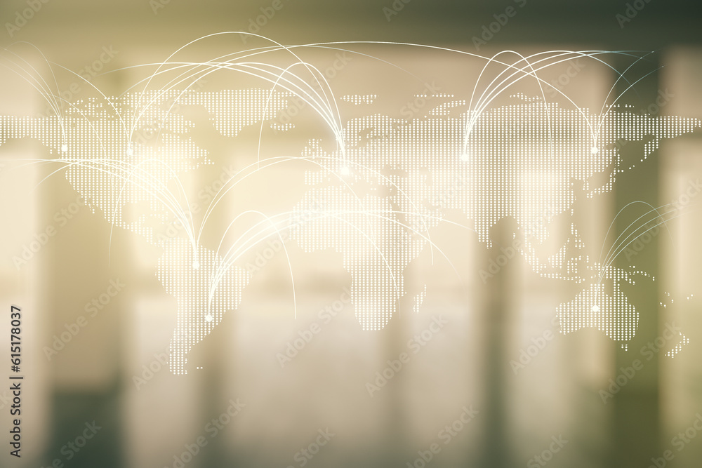 Double exposure of abstract digital world map hologram with connections on empty modern office background, research and strategy concept Double exposure of abstract digital world map hologram with connections on empty modern office background, research and strategy concept