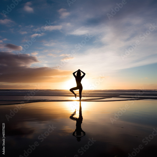 yoga on the beach at sunset, Silhouette Serenity: Yoga Harmony at a Wide Open Beach in England's Summer Sundown