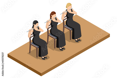 Isometric Woman plays the flute. Flute woodwind orchestral instrument
