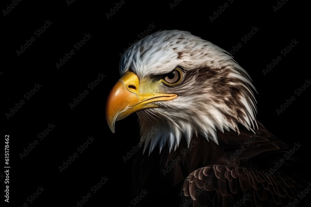 
A powerful portrait of an attentive Bald Eagle, its piercing gaze fixed directly into the camera, embodying strength and focus.  Generative AI